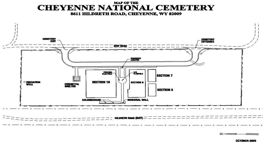 Map of Cheyenne National Cemetery. Access Cheyenne National Cemetery via Hildreth Rd. Turn onto the dirt road and the entrance is at the south end of the cemetery. You will find the gravesite locator in front of the flagpole.