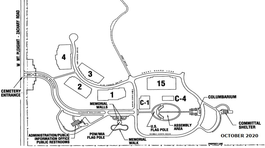 Map of Louisiana National Cemetery. The entrance to Louisiana National Cemetery is located on W. Mount Pleasant / Zachary Road. Enter on Veterans Boulevard and the administration office can be seen on the right.