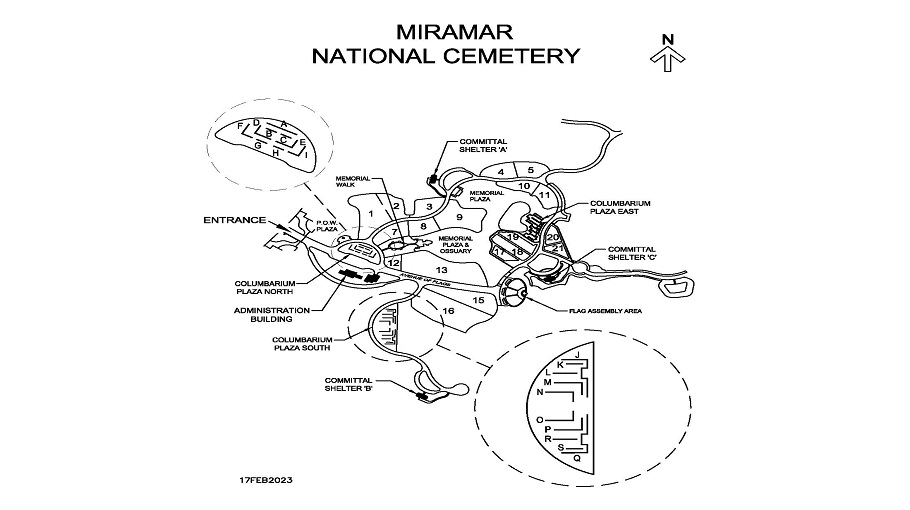 Miramar National Cemetery map. The entrance to the Miramar National Cemetery is on the Nobel Drive. Enter the Avenue of Flags and the administrative building is on the right after the main entrance.